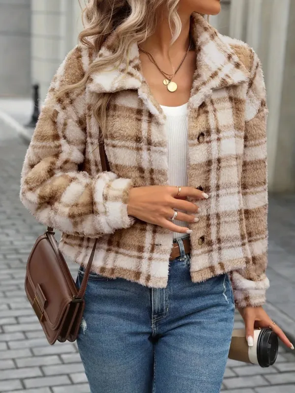 Plaid Button Up Collared Neck Long Sleeve Jacket sold by Body Central