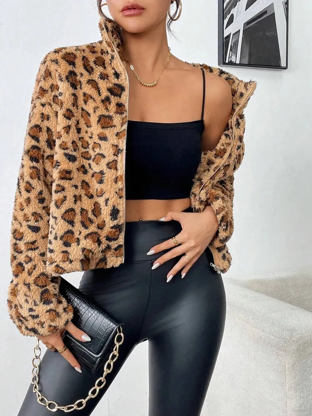Fuzzy Turtleneck Leopard Zip Up Jacket sold by Body Central product image thumbnail 5