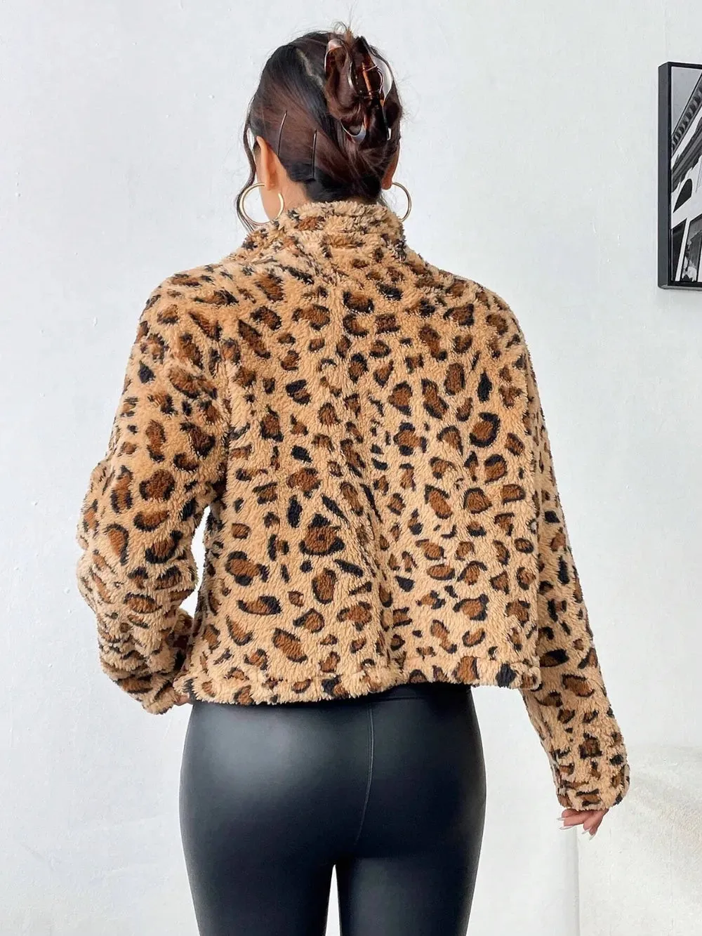 Fuzzy Turtleneck Leopard Zip Up Jacket sold by Body Central product image thumbnail 3
