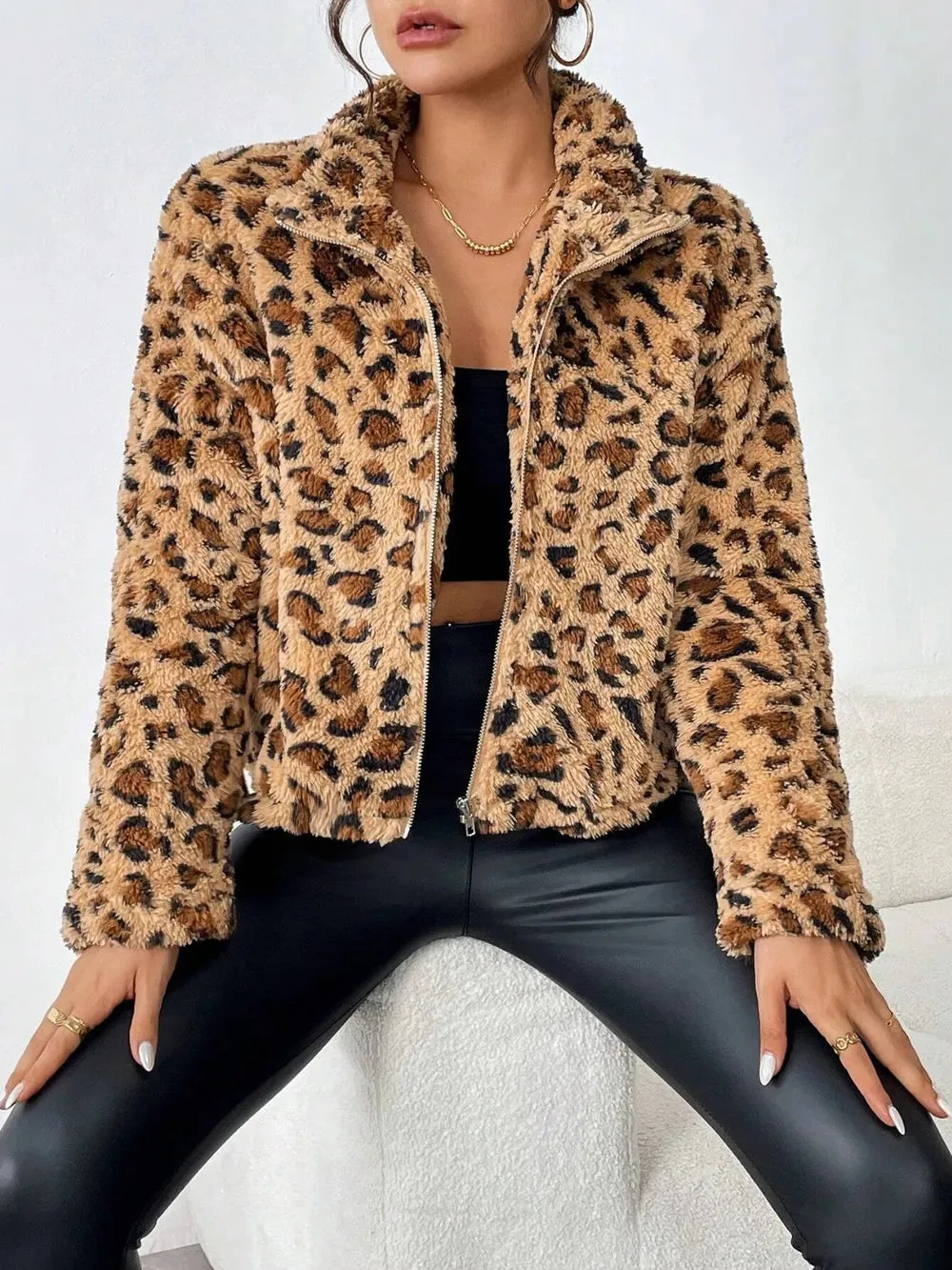 Fuzzy Turtleneck Leopard Zip Up Jacket sold by Body Central