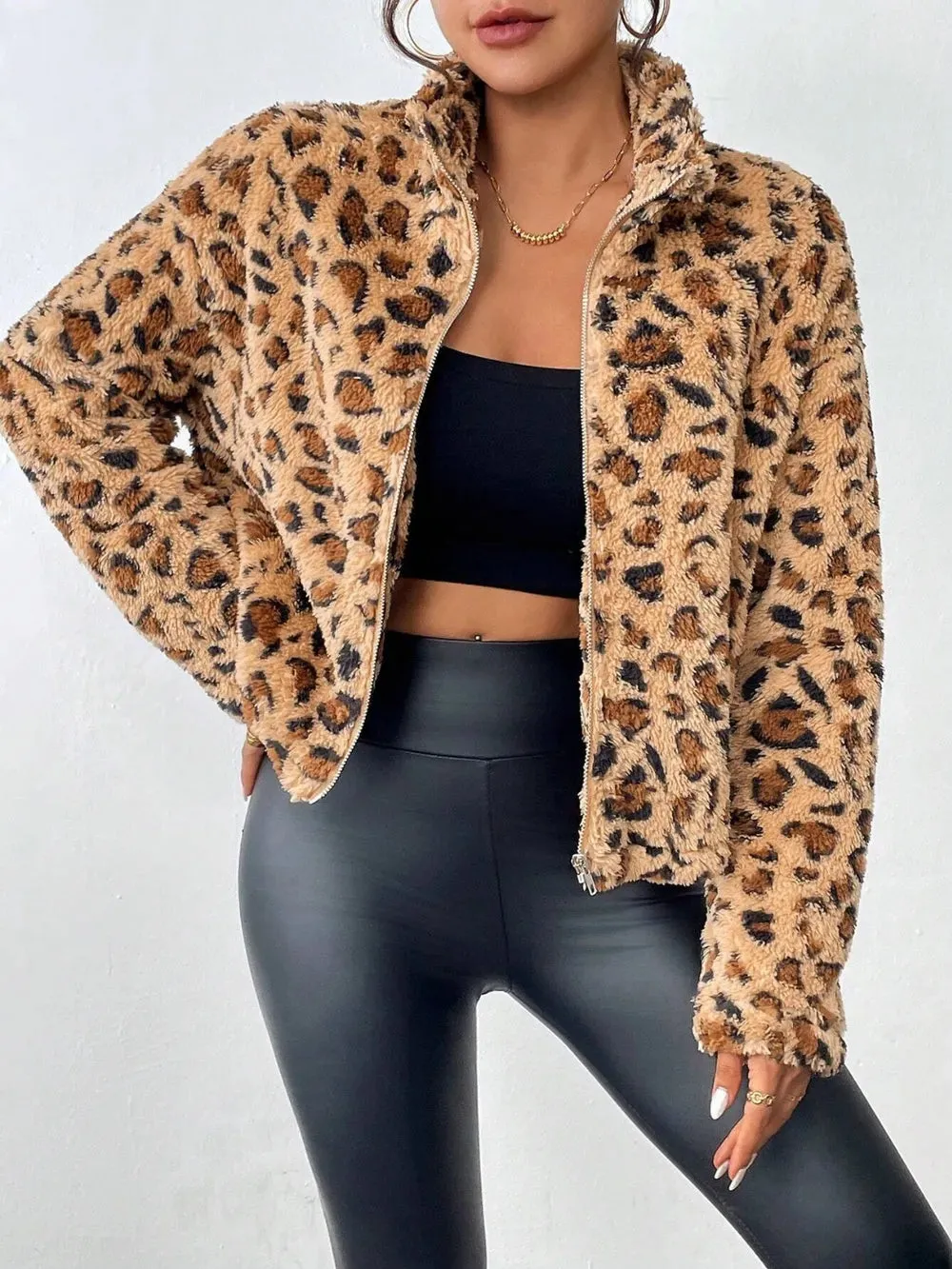 Fuzzy Turtleneck Leopard Zip Up Jacket sold by Body Central product image thumbnail 2