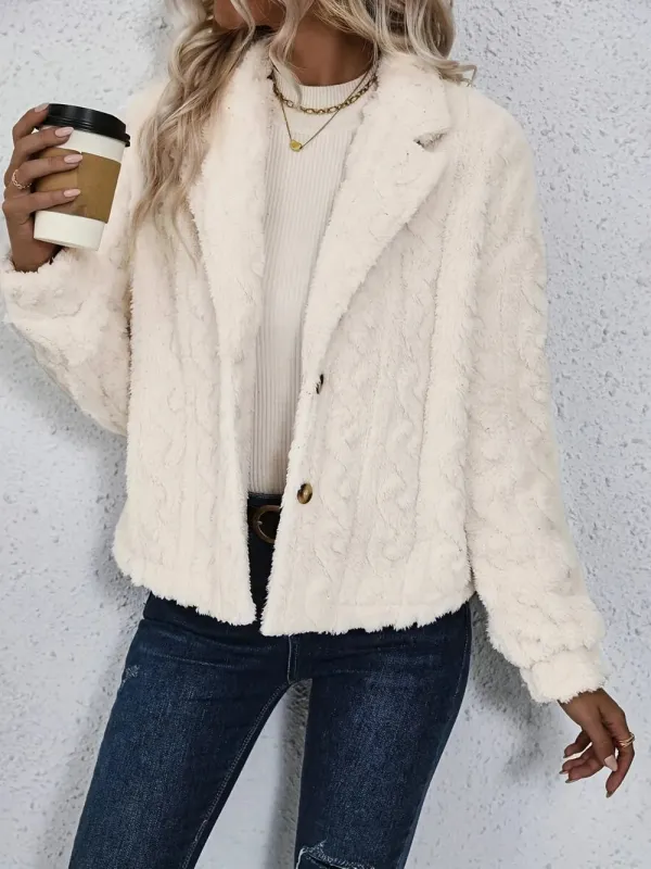 Fuzzy Button Up Collared Neck Jacket sold by Body Central