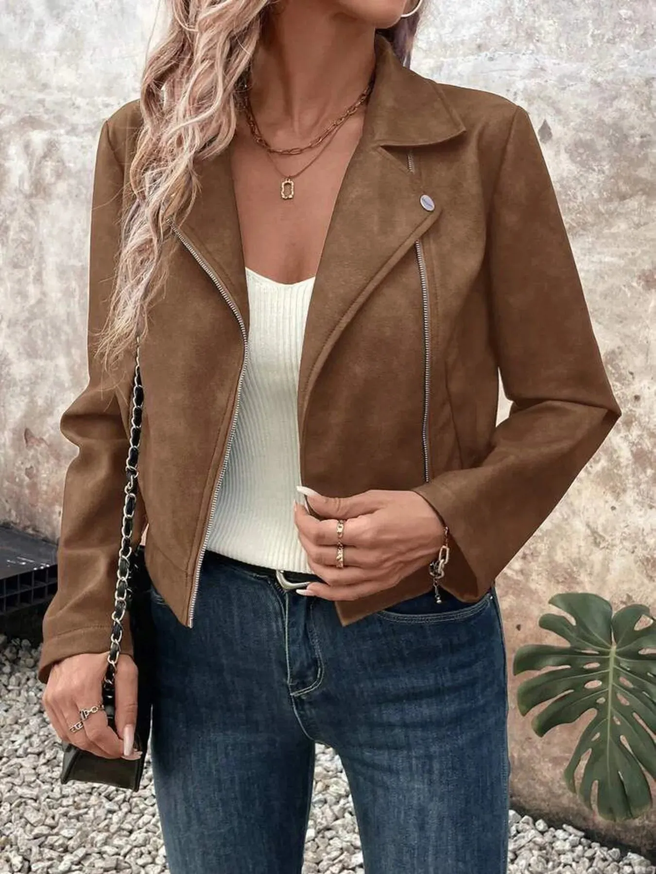 Zip Up Suede Cropped Moto Jacket sold by Body Central product image thumbnail 5