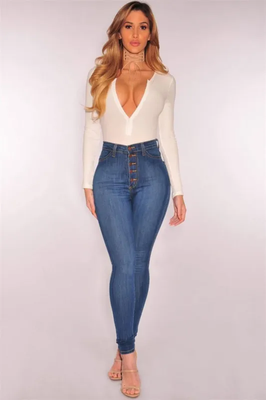 High Waisted Skinny Denim Stretch Slim Calf Length Jeans sold by Body Central