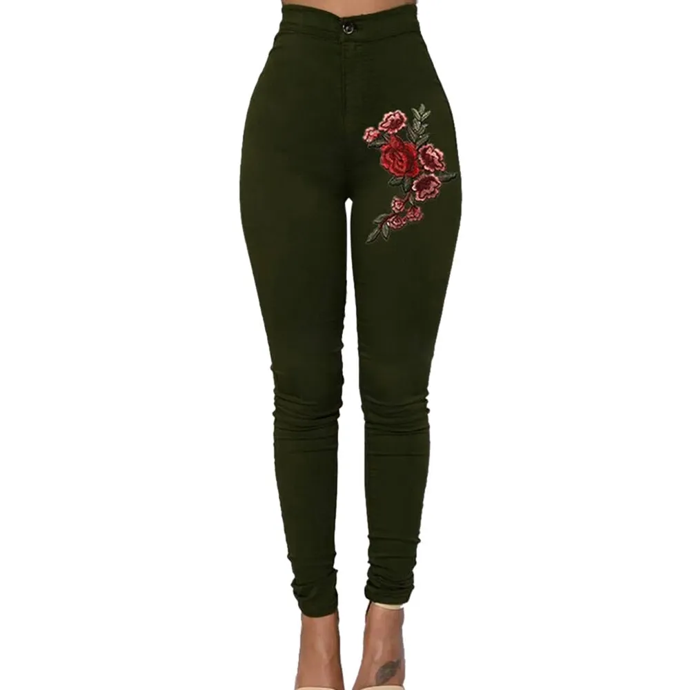 Casual Skinny Floral Applique Elastic High Waist Stretch Slim Pencil Jeans sold by Body Central