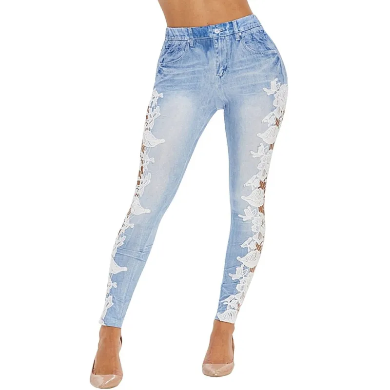 Side Lace Hollow Out Skinny Pencil Patchwork Denim Jeans sold by Body Central