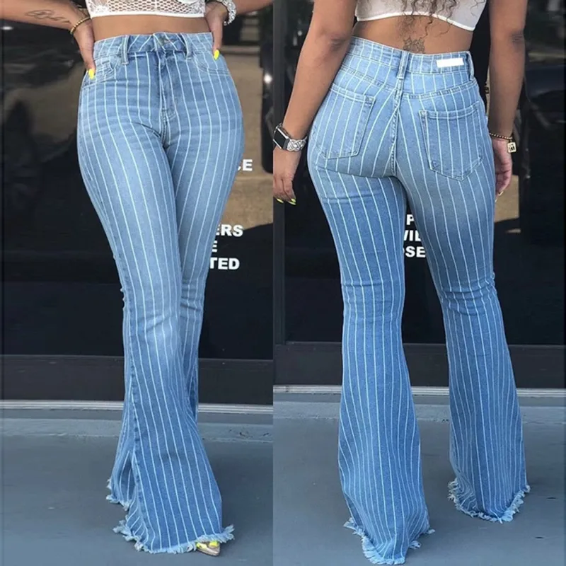 Flare Slim Stretchy Striped Denim Ruffles Tassel Jeans sold by Body Central