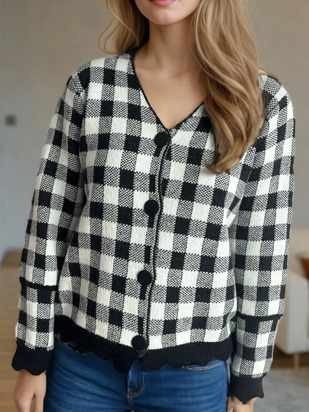 Plaid V-Neck Button Up Cardigan sold by Body Central product image thumbnail 4