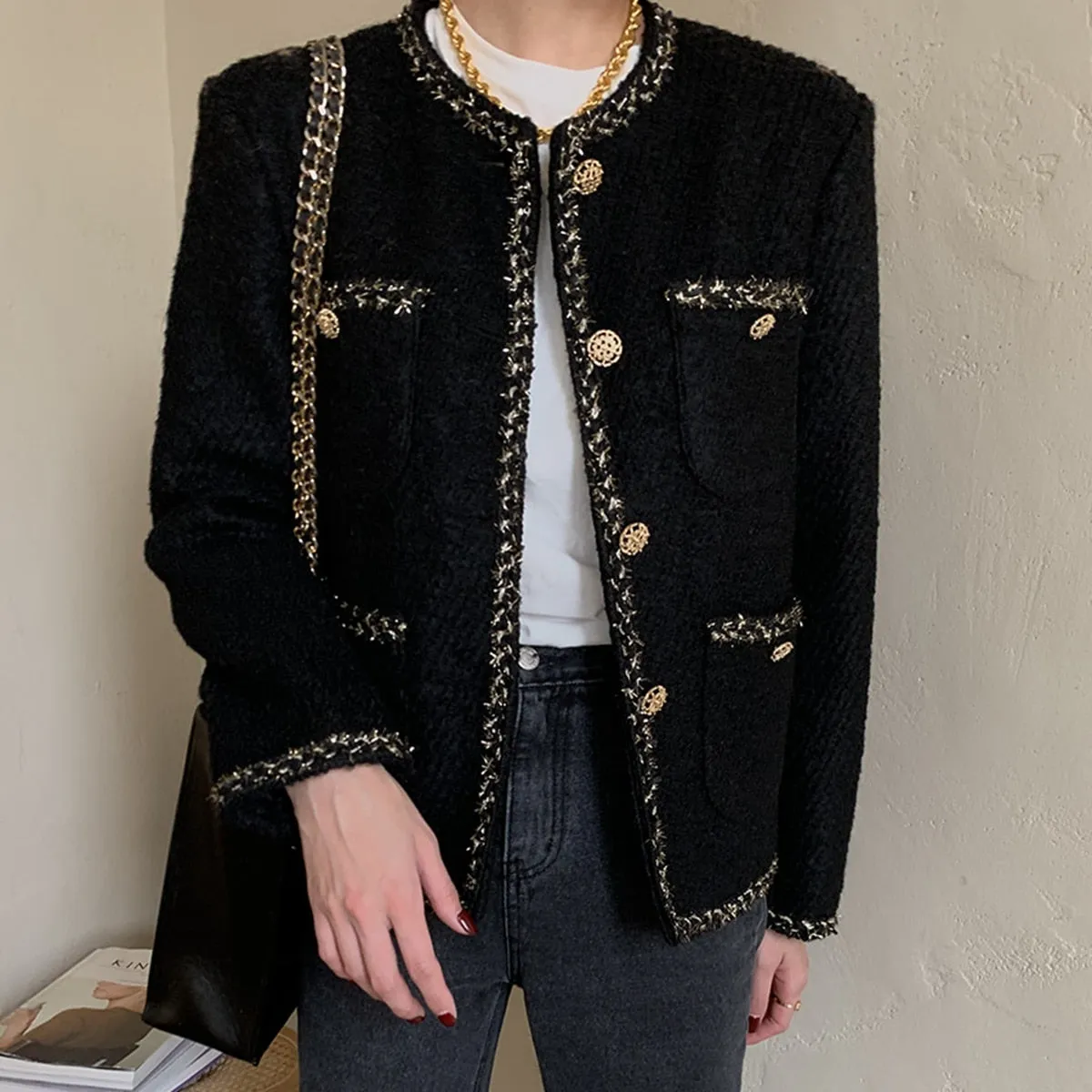 Elegant Tweed Woolen Single Breasted Streetwear Jacket sold by Body Central product image thumbnail 4