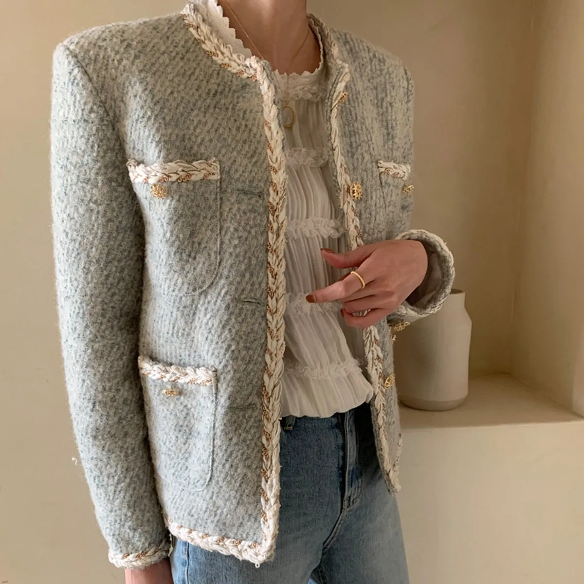 Elegant Tweed Woolen Single Breasted Streetwear Jacket sold by Body Central product image thumbnail 2