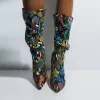 Colorful High Heels Thick Mid-calf Distressed Pointed Toe Zip Pleated Boots sold by Body Central