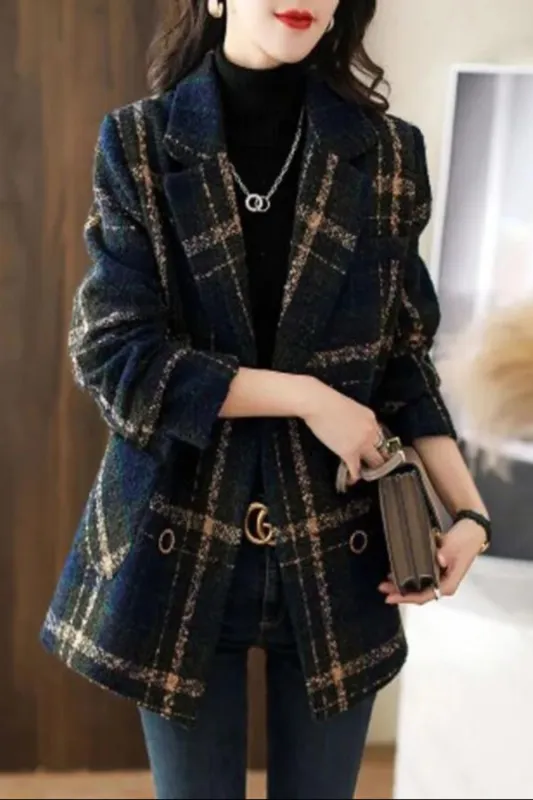Plaid Slim Double Breasted Woolen Coat sold by Body Central