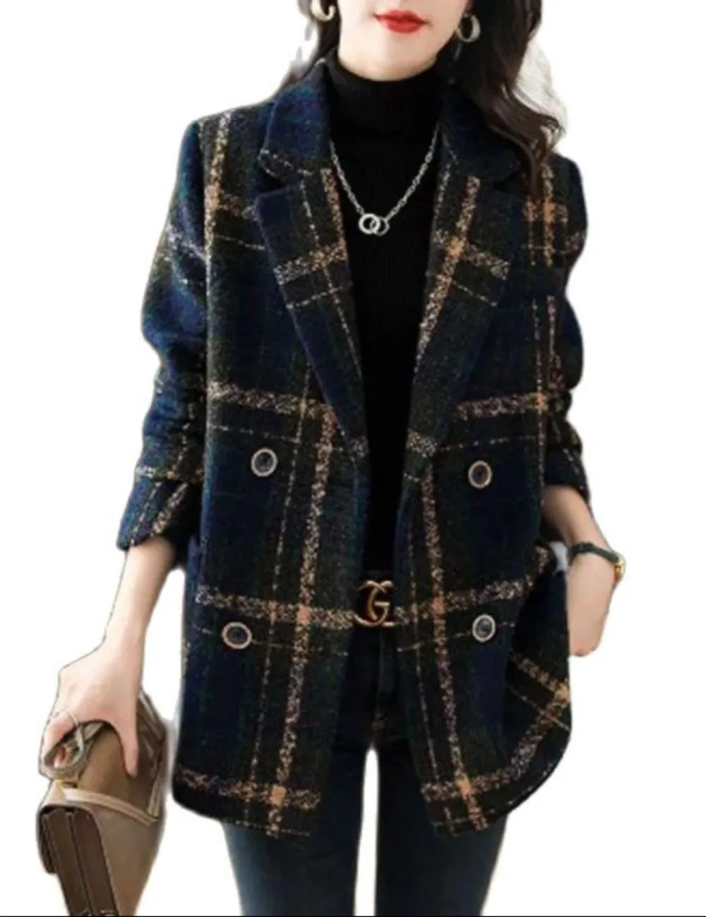 Plaid Slim Double Breasted Woolen Coat sold by Body Central product image thumbnail 2