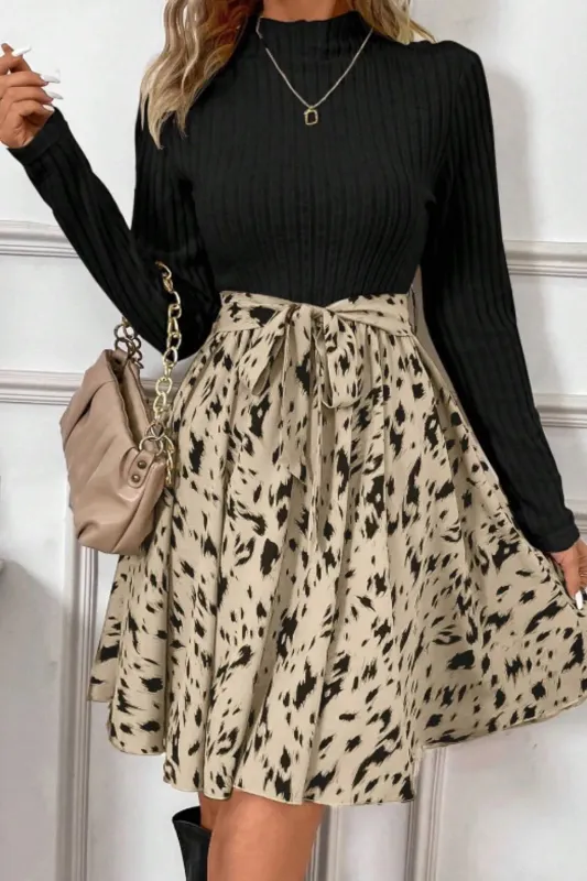 Printed Tie Waist Mock Neck Long Sleeve Dress sold by Body Central