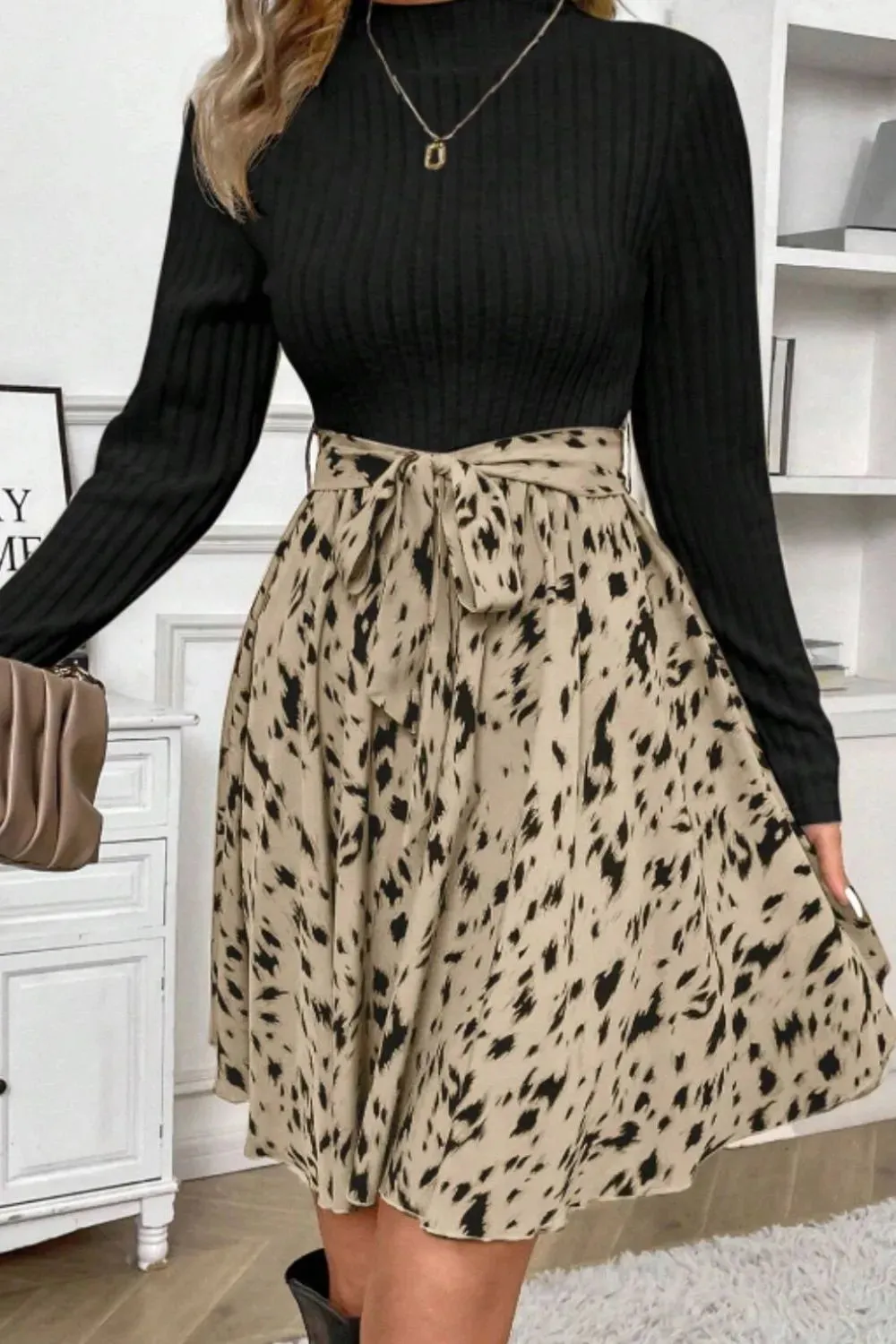 Printed Tie Waist Mock Neck Long Sleeve Dress sold by Body Central product image thumbnail 4