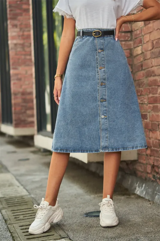 Button Front A-Line Denim Skirt sold by Body Central