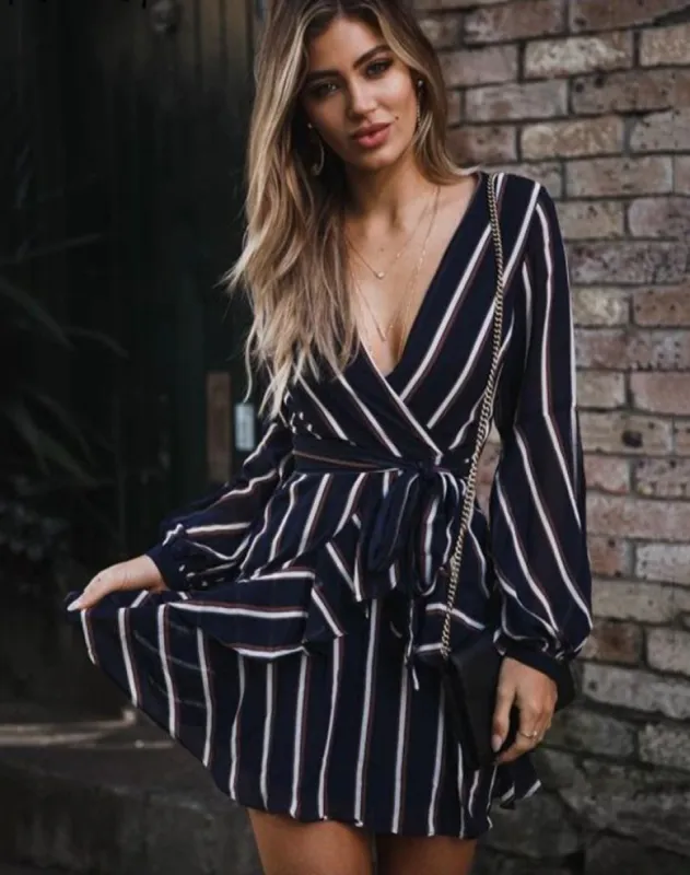 Fashion Lantern Sleeve Ruffle Striped V-Neck Bow Belt A-Line Dress sold by Body Central