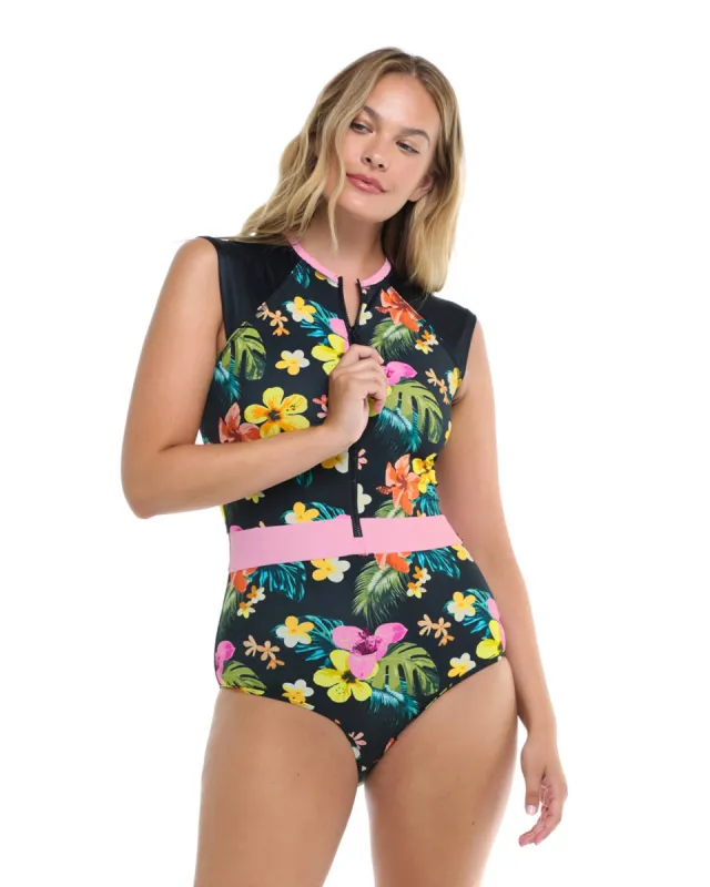 Tropical Island Stand Up Fitted Tank One-Piece Swimsuit - Black sold by Body Glove