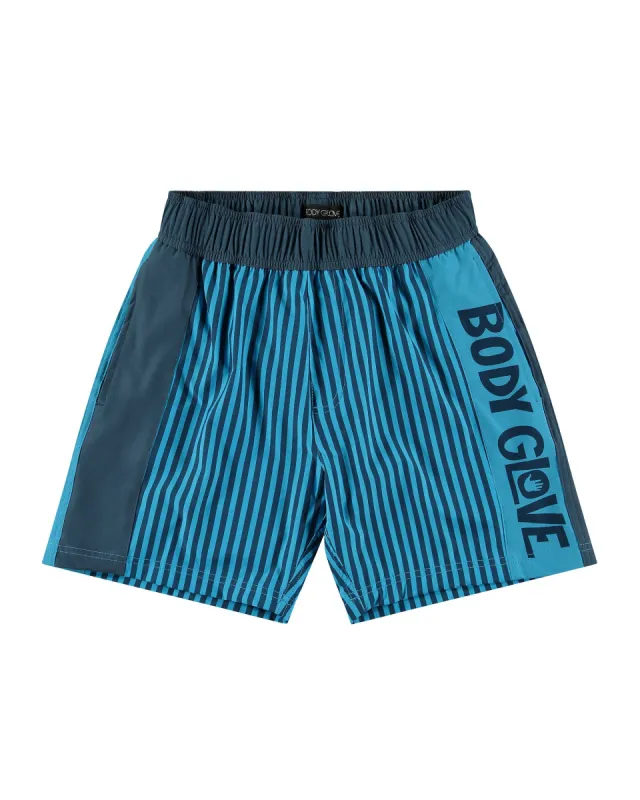 Men's 17-Inch Retro Stripe Color-Block Swim Short - Navy/Neon Blue sold by Body Glove