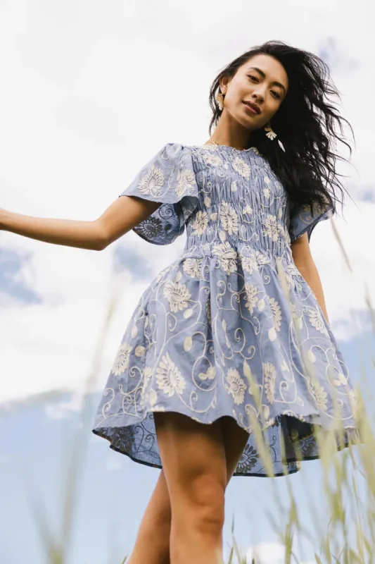 Priya Embroidered Mini Dress in Blue sold by bohme