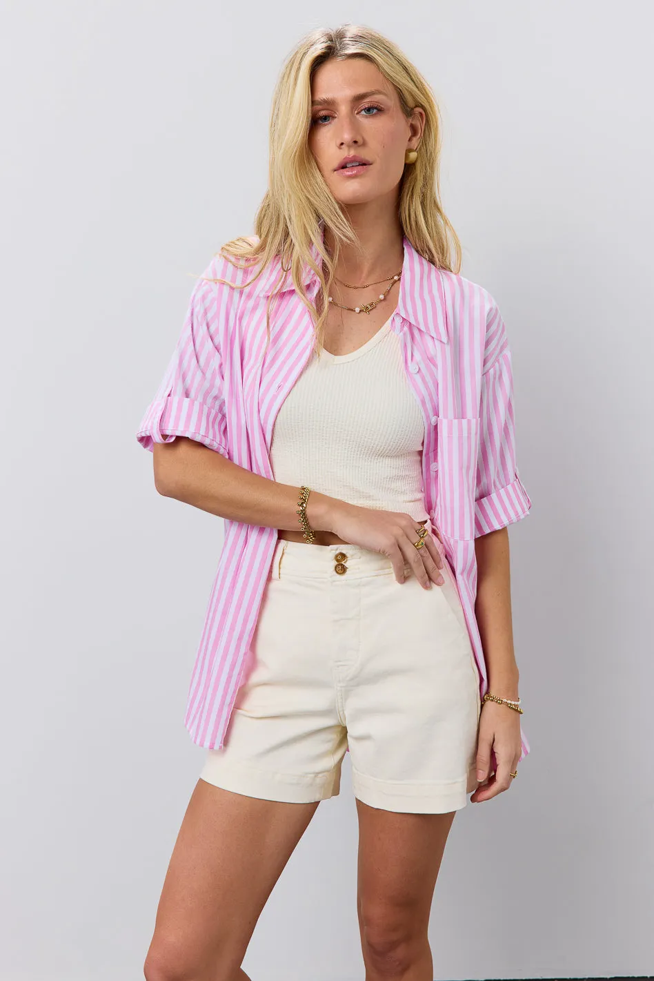 Hattie Striped Button Up in Pink - FINAL SALE sold by bohme