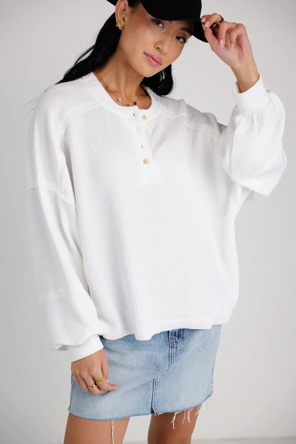 Arabella Ribbed Henley Top in White - FINAL SALE sold by bohme