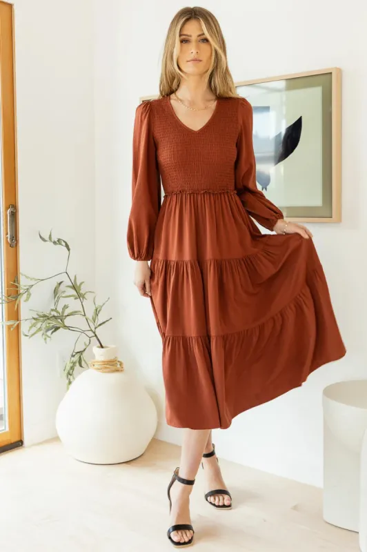 Smocked Tiered Midi Dress in Brown - FINAL SALE sold by bohme