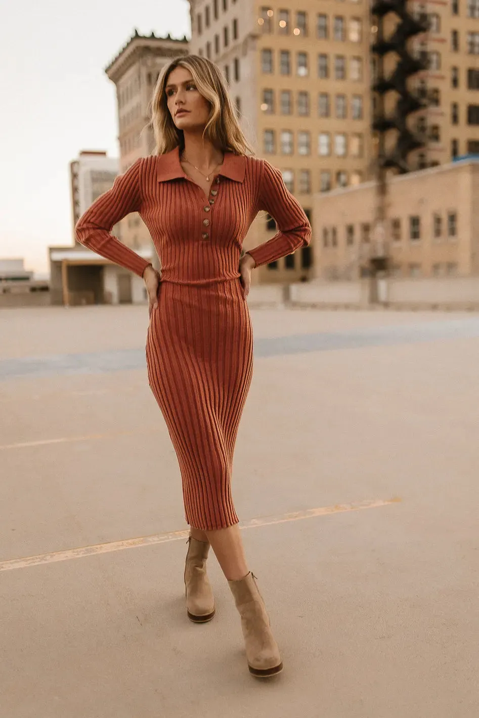 Carden Ribbed Midi Dress in Clay - FINAL SALE sold by bohme product image thumbnail 2