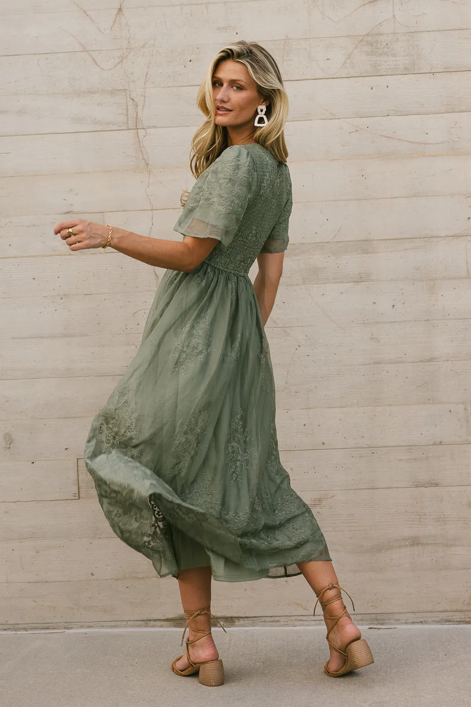 Alora Embroidered Dress in Sage sold by bohme