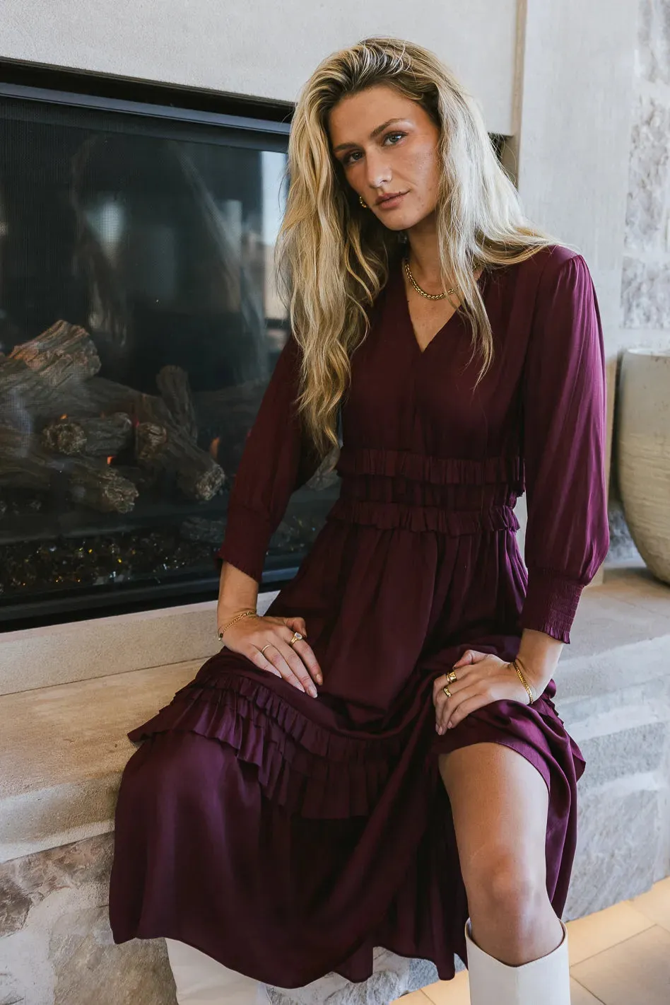 Willa Sleeved Ruffle Dress in Burgundy - FINAL SALE sold by bohme