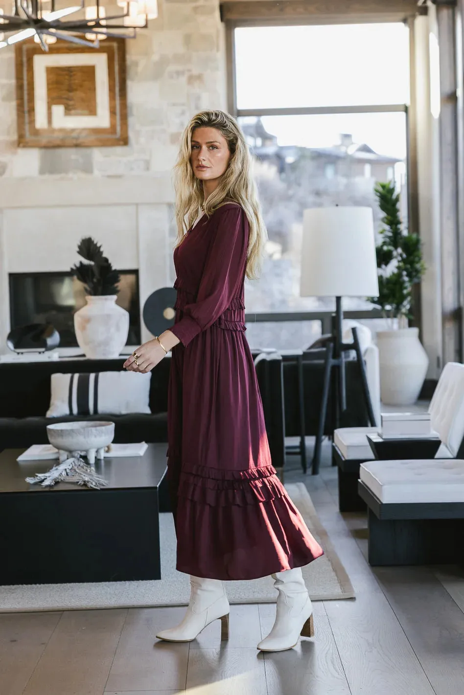 Willa Sleeved Ruffle Dress in Burgundy - FINAL SALE sold by bohme product image thumbnail 3