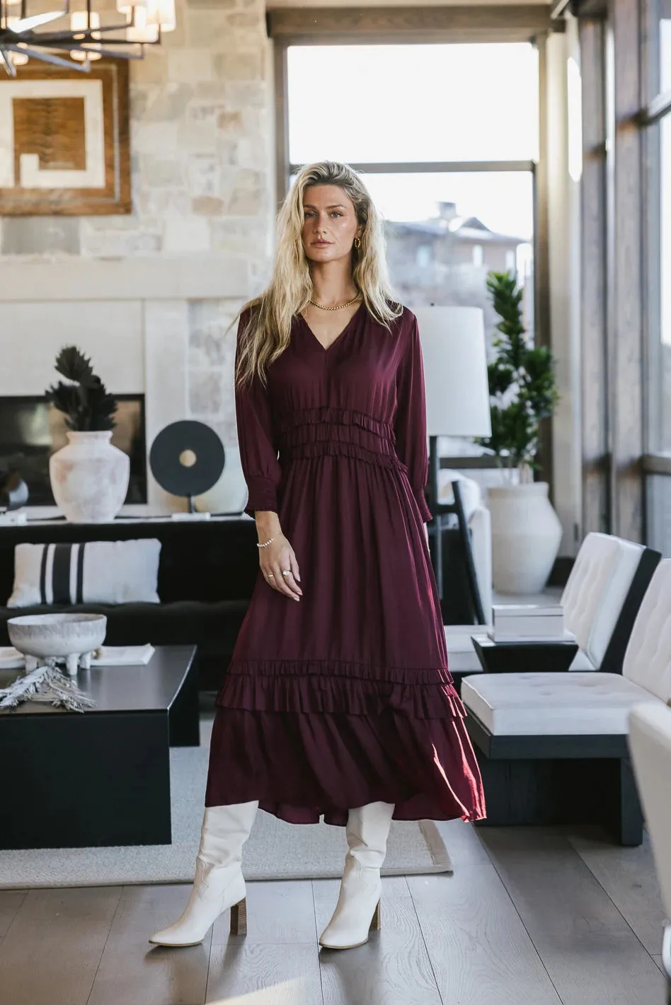 Willa Sleeved Ruffle Dress in Burgundy - FINAL SALE sold by bohme product image thumbnail 2