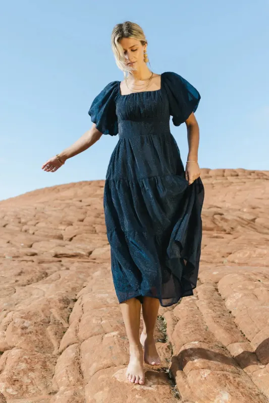 Floral Embroidered Puff Sleeve Dress in Navy - FINAL SALE sold by bohme