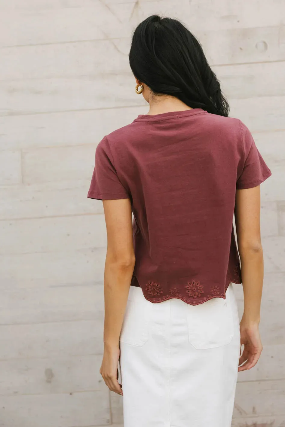 Nia Eyelet Lace Cropped Tee in Wine - FINAL SALE sold by bohme product image thumbnail 4