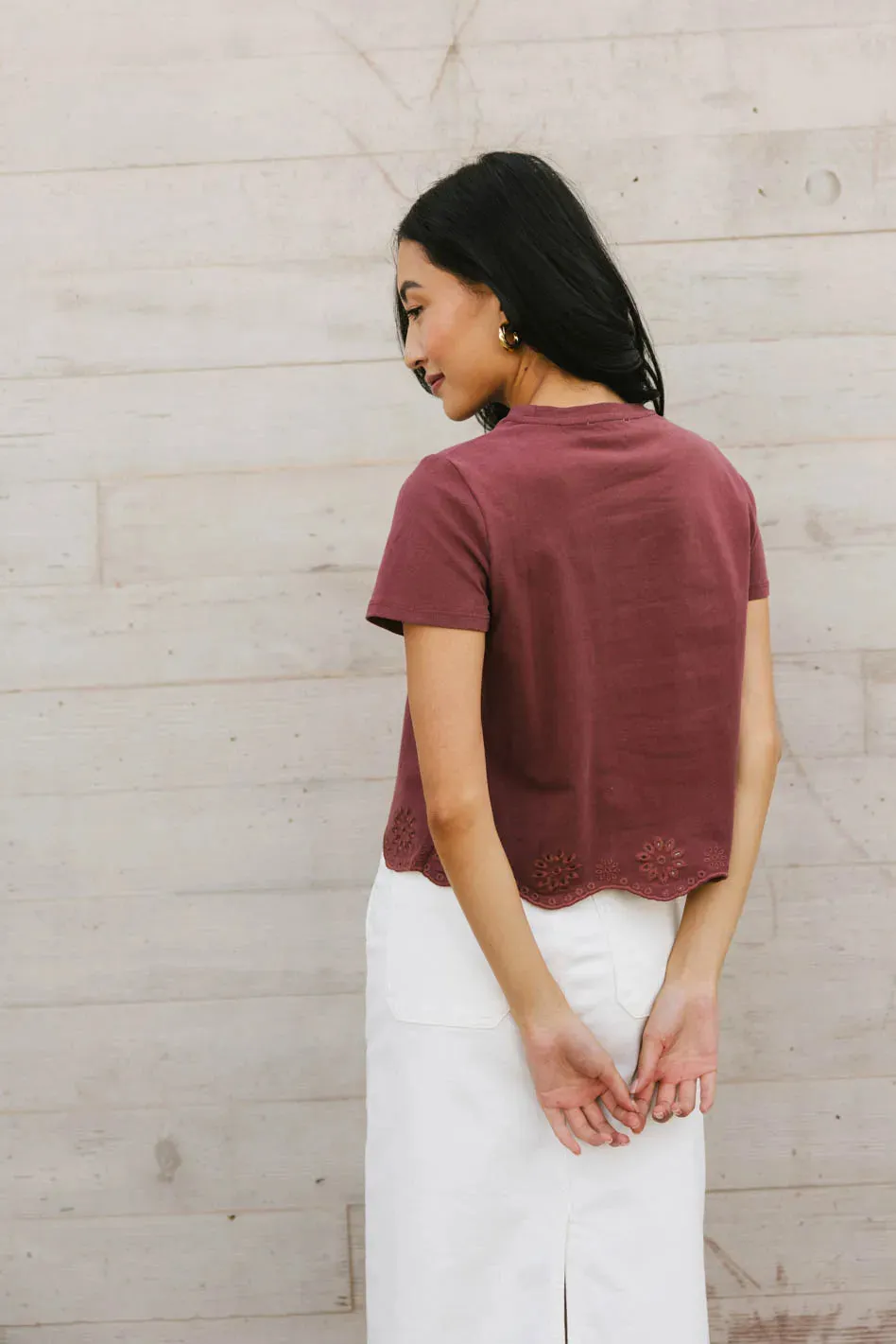 Nia Eyelet Lace Cropped Tee in Wine - FINAL SALE sold by bohme product image thumbnail 2
