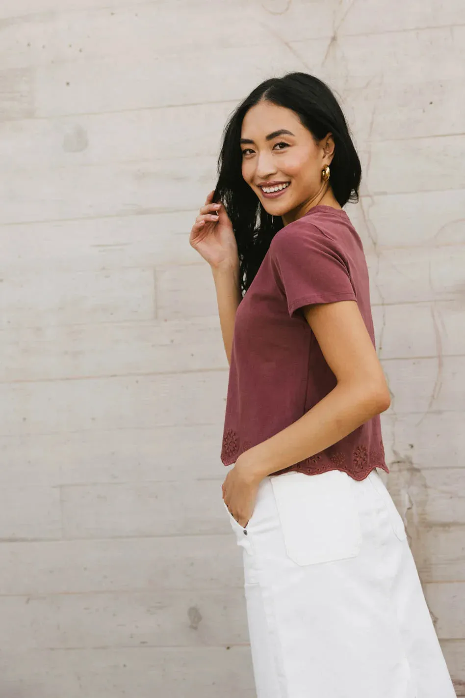 Nia Eyelet Lace Cropped Tee in Wine - FINAL SALE sold by bohme product image thumbnail 5