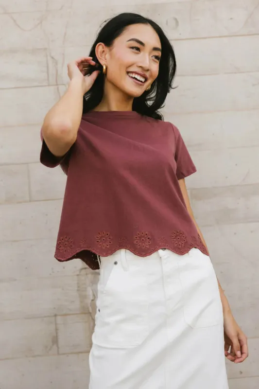 Nia Eyelet Lace Cropped Tee in Wine - FINAL SALE sold by bohme