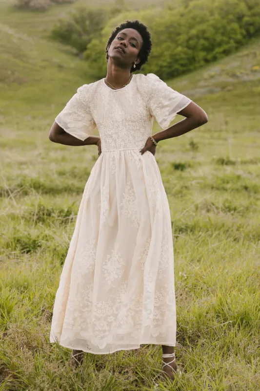 Alora Embroidered Dress in Champagne sold by bohme