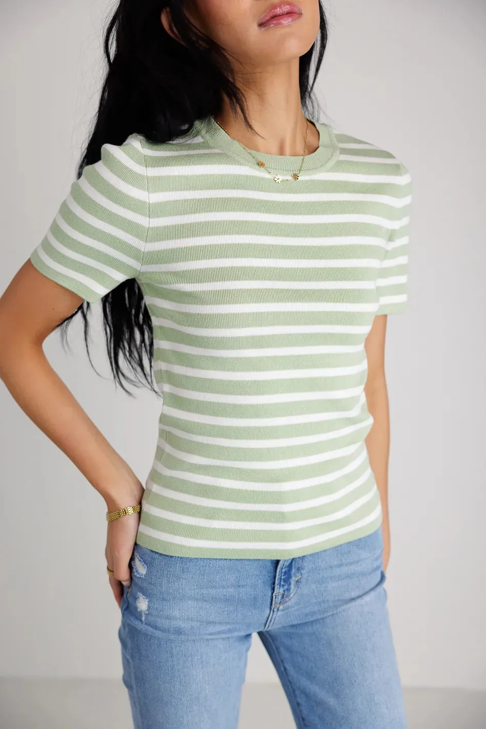 Jodie Striped Sweater Top in Sage sold by bohme