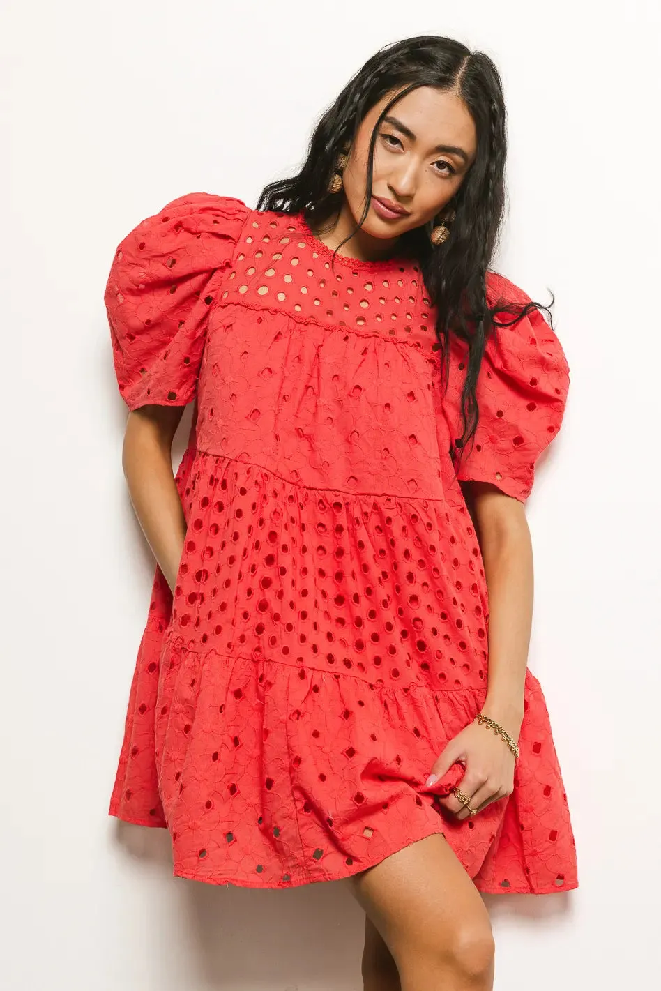 Eyelet Puff Sleeve Mini Dress in Red - FINAL SALE sold by bohme