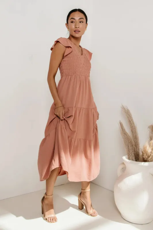 Rain Smocked Midi Dress in Peach - FINAL SALE sold by bohme