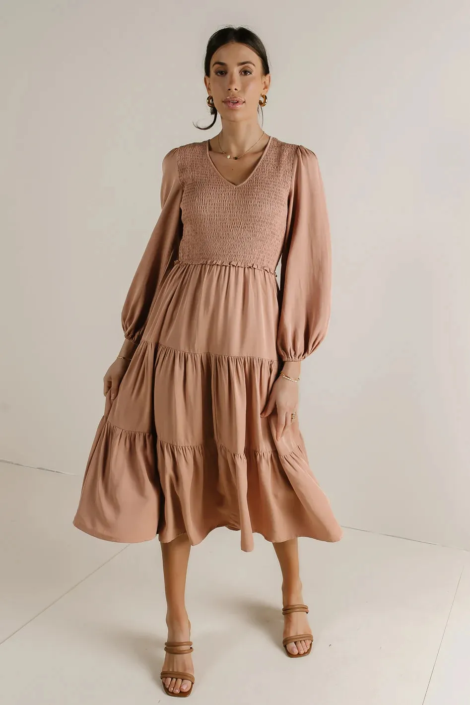 Smocked Tiered Midi Dress in Pink - FINAL SALE sold by bohme product image thumbnail 5