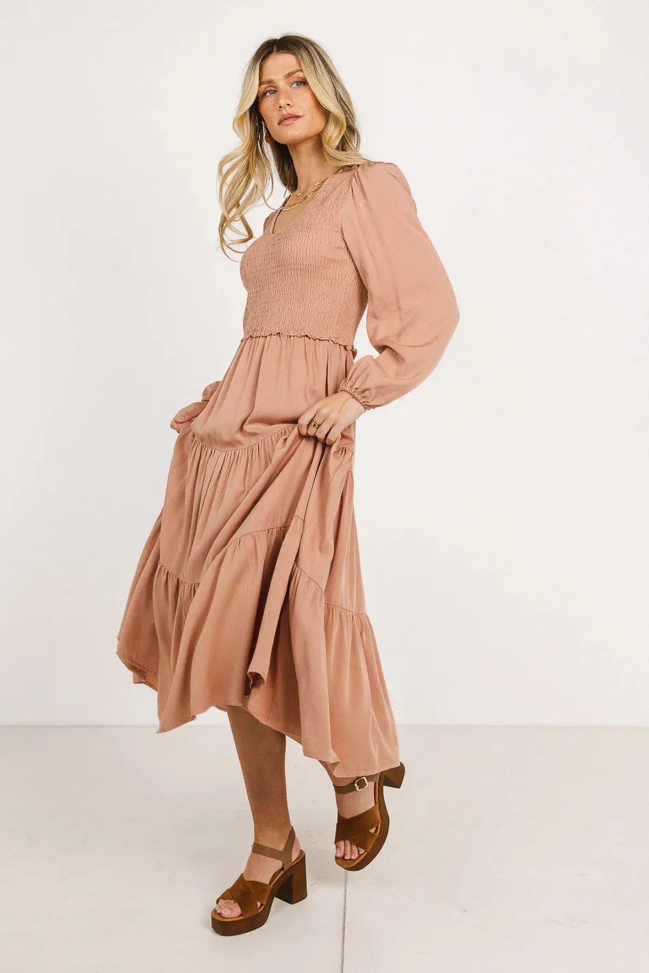 Smocked Tiered Midi Dress in Pink - FINAL SALE sold by bohme