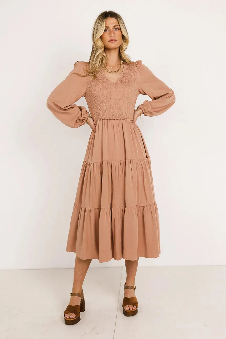 Smocked Tiered Midi Dress in Pink - FINAL SALE sold by bohme product image thumbnail 2