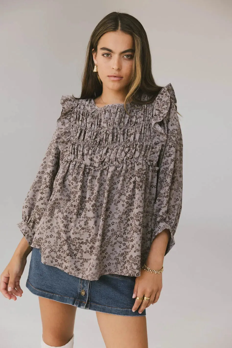 Taya Ditsy Floral Blouse in Grey - FINAL SALE sold by bohme