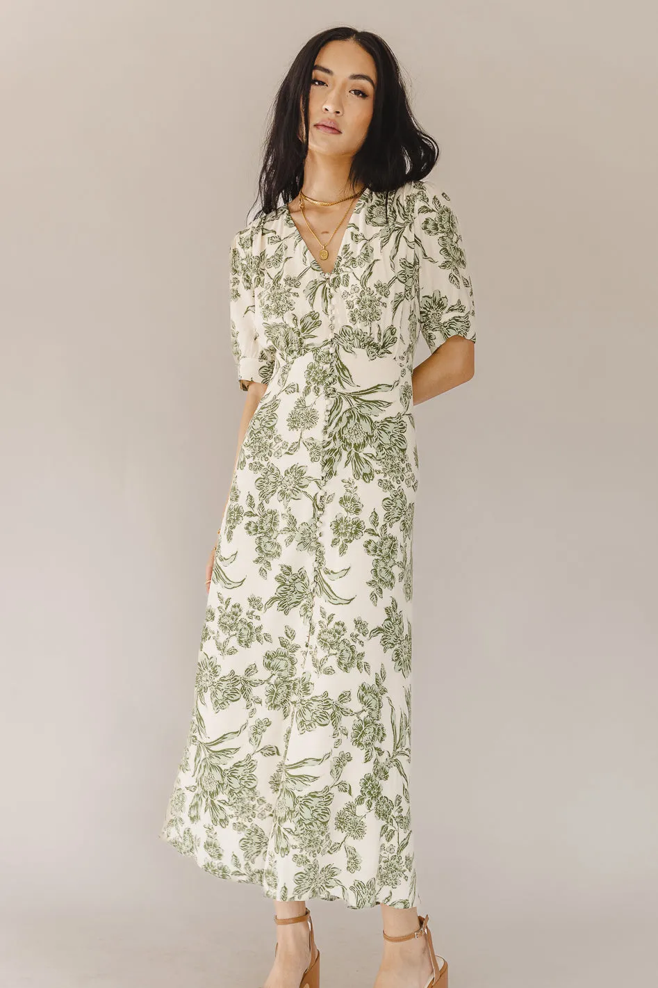 Lia Floral Midi Dress in Sage sold by bohme product image thumbnail 5
