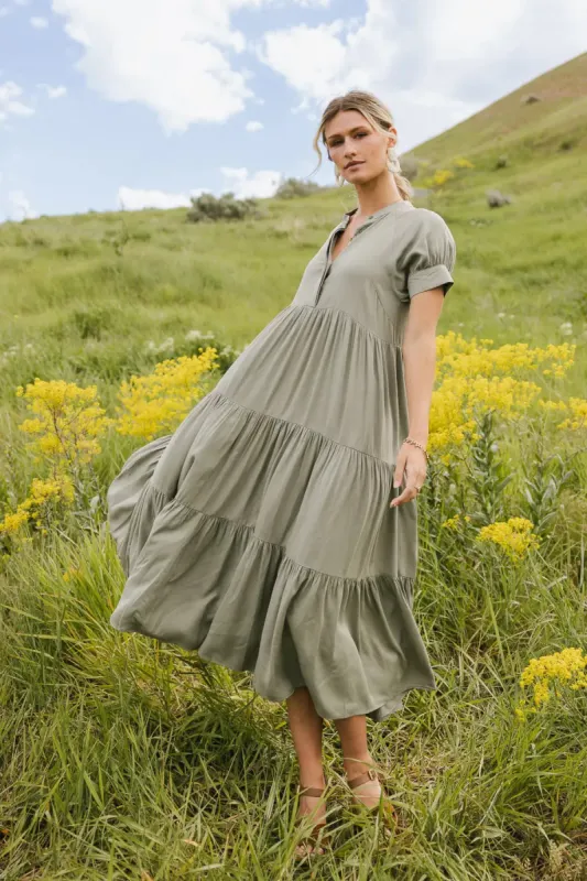 Amanda Tiered Dress in Sage sold by bohme