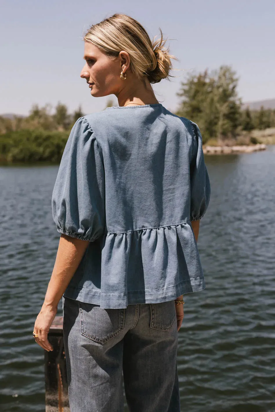 Natalia Peplum Tie Blouse in Light Wash - FINAL SALE sold by bohme product image thumbnail 3
