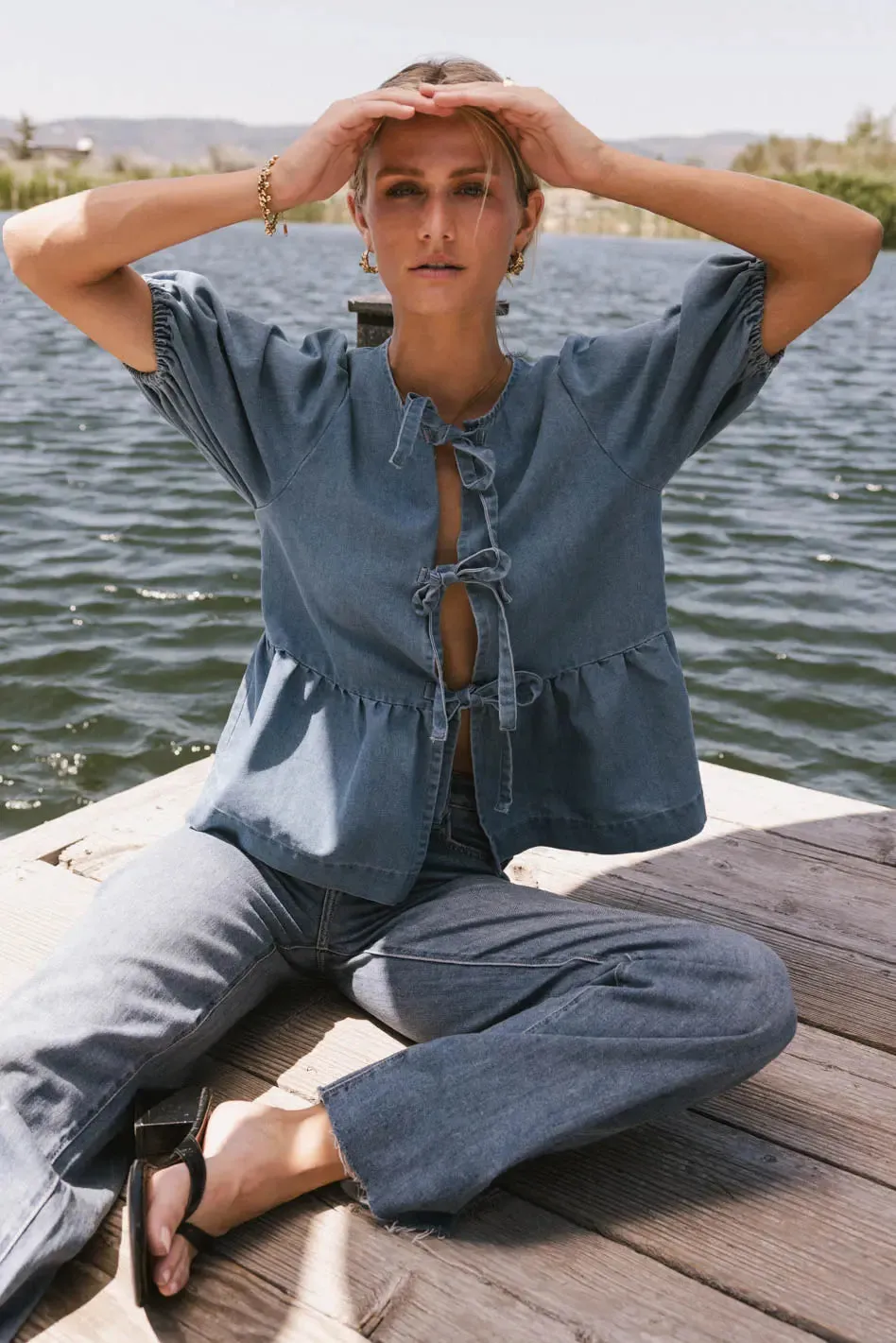 Natalia Peplum Tie Blouse in Light Wash - FINAL SALE sold by bohme product image thumbnail 4