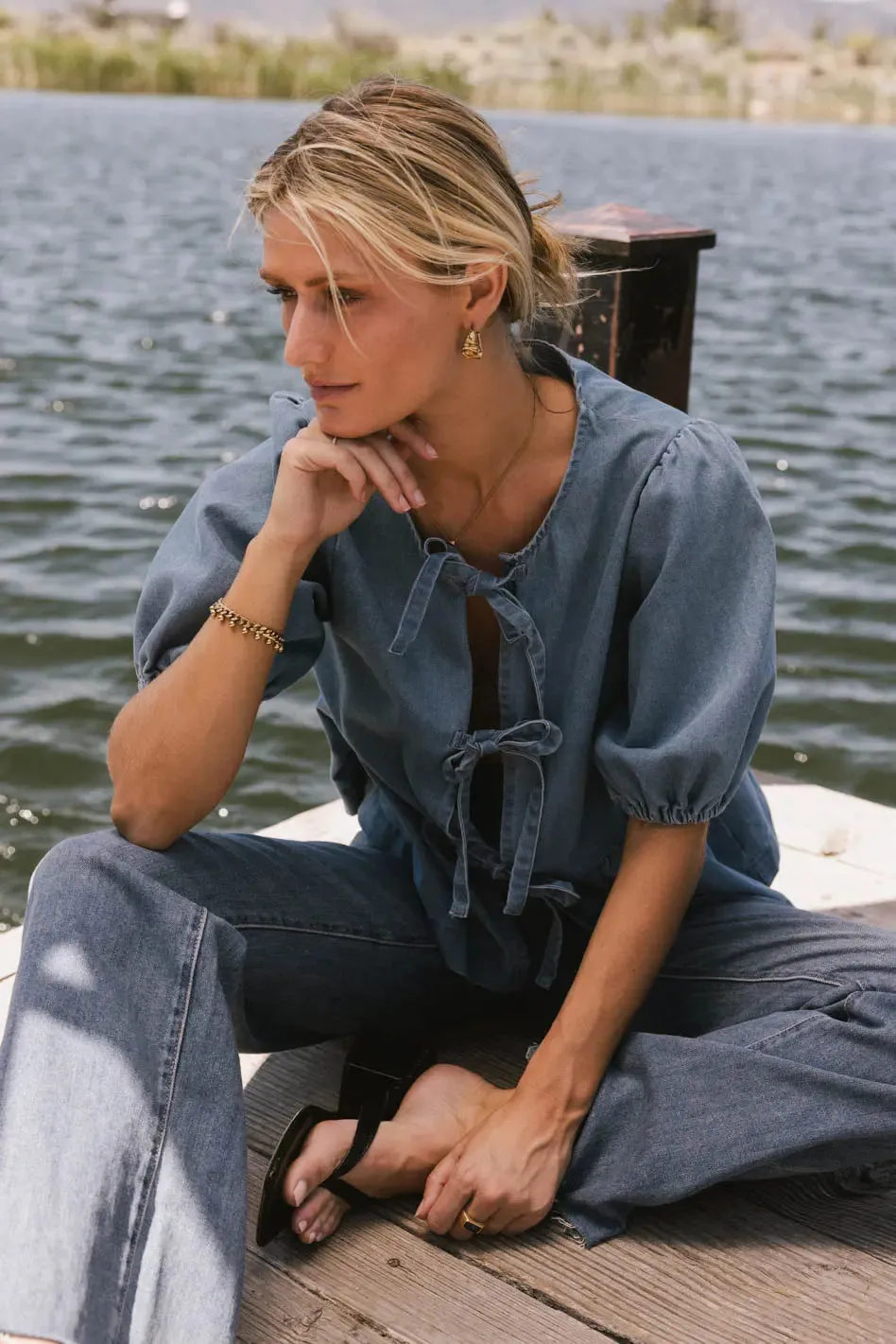 Natalia Peplum Tie Blouse in Light Wash - FINAL SALE sold by bohme product image thumbnail 5